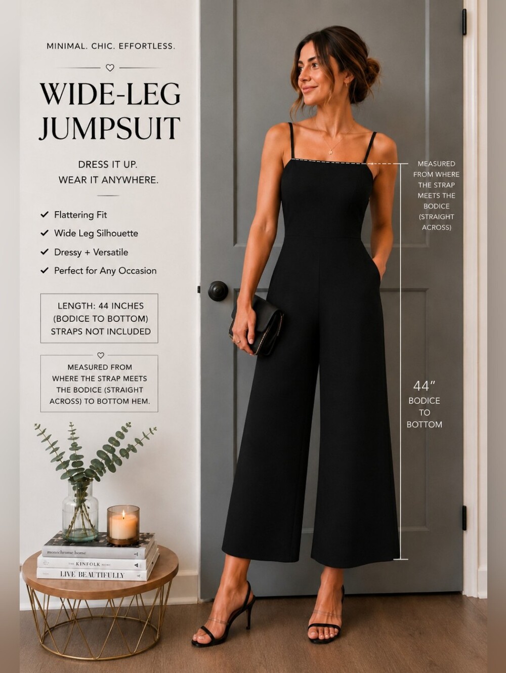 All:Row Black Cropped Wide Leg Jumpsuit Sz M Spaghetti Strap Minimal Chic 44”